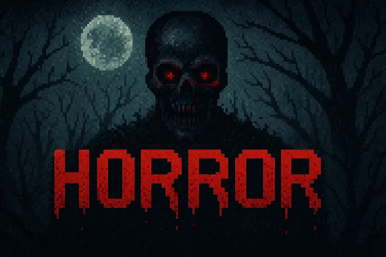 A horror game poster with a skeleton and a moon.